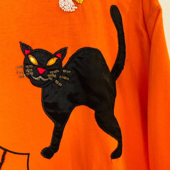 Vintage Halloween Shirt Medium Orange Spider Web Ghost Witch Black Cat Pumpkin - Picture 6 of 16